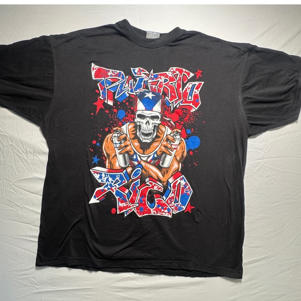 Phat Dog Graphic T Shirt Y2K Streetwear Men 2XL Graffiti Puerto Rico Skull Black